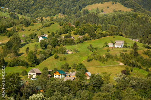 Little village in mountains. Beautiful rural landscape. Houses surrounded by trees. Carpathian Mountains, Ukraine.