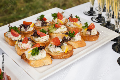 Close-up of wedding reception with tasty sandwiches and canapes made of sausage, parsley and tomatoes with cream cheese. Canapes on white ceramic plates at wedding reception.