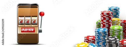 Illustration banner of mobile online casino application with 777 big win slot machine. Realistic advertising poster with online mobile app casino and Jackpot 777. Play now in One Armed Bandit banner