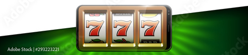 Illustration banner of mobile online casino application with 777 big win slot machine. Realistic advertising poster with online mobile app casino and Jackpot 777. Play now in One Armed Bandit banner