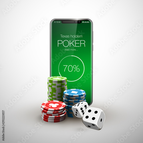Vector illustration Online Poker casino banner with a mobile phone, chips, playing cards and dice. Marketing Luxury Banner Jackpot Online Casino with New model Smartphone. Empty advertising poster.