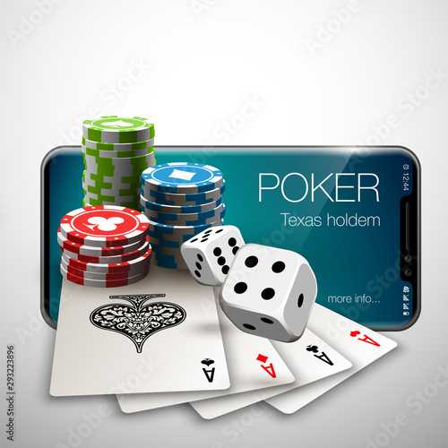 Vector illustration Online Poker casino banner with a mobile phone, chips, playing cards and dice. Marketing Luxury Banner Jackpot Online Casino with New model Smartphone. Empty advertising poster.