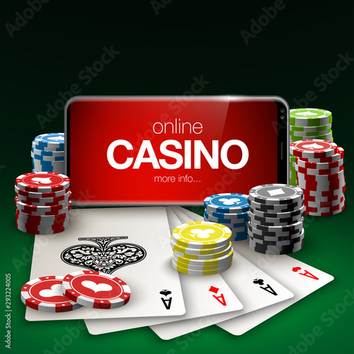 illustration Online Poker casino banner with a mobile phone, chips, playing cards and dice. Marketing Luxury Banner Jackpot Online Casino with New model Smartphone. Empty advertising poster.