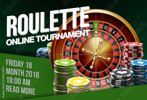 illustration Online Poker casino banner with american roulette on green surface table. Marketing Luxury Banner Jackpot Online Casino classic roulette. Advertising poster with green flat paper for text