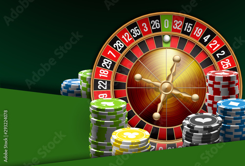 illustration Online Poker casino banner with american roulette on green surface table. Marketing Luxury Banner Jackpot Online Casino with classic roulette. Advertising poster with red ribbon for text.