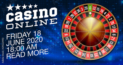 illustration Online Poker night casino banner with realistic american roulette on blue space. Marketing Luxury blue Banner Jackpot Online night Casino with 3d classic roulette. Advertising poster set.