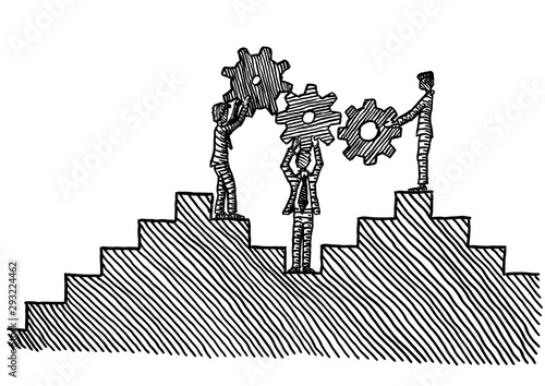Drawn Team Of Three Men Building Gear Train