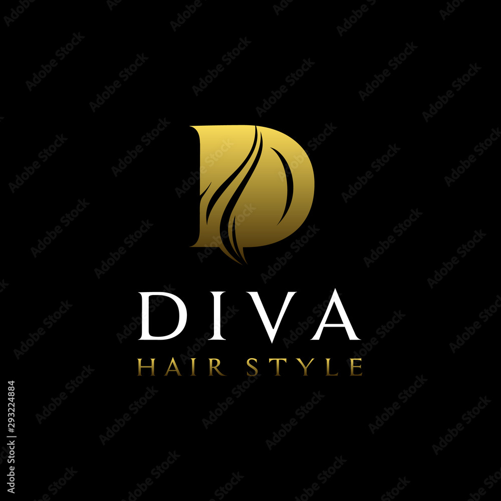 Golden Woman Hair Silhouette with initial Letter D Diva for beauty shampoo salon Haircut Hairstyle logo design - obrazy, fototapety, plakaty 