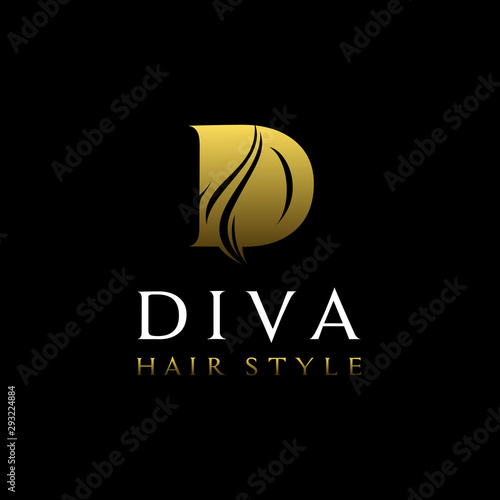 Golden Woman Hair Silhouette with initial Letter D Diva for beauty shampoo salon Haircut Hairstyle logo design