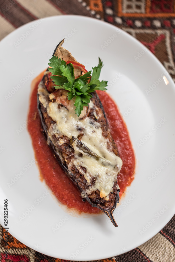Turkish Stuffed Eggplant with Ground Meat and Tomatoes, Karniyarik Turkish Stuffed Eggplant with Ground Meat and Tomatoes, Karniyarik