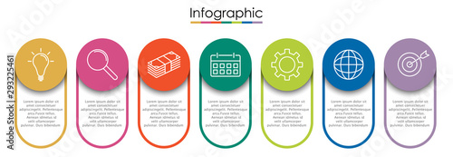 Vector infographic template with seven steps or options. Illustration presentation with line elements icons.  Business concept design can be used for web, brochure, diagram