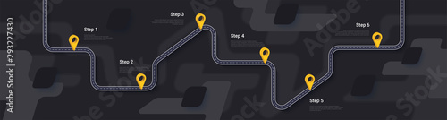 Road map and journey route infographics template. Winding road timeline illustration. Dark theme. Flat vector illustration. Eps 10
