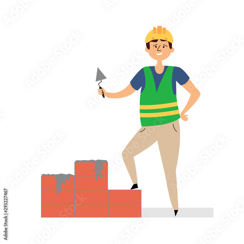 Builder lubricates bricks with cement. Small business construction. Man in a construction helmet and uniform. Vector editable illustration