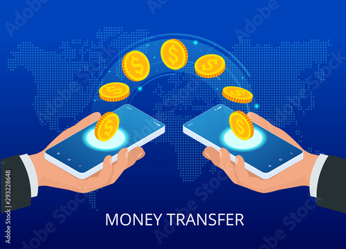 Isometric money transfer online. Money wallet and financial savings transfer or pay transaction concept.