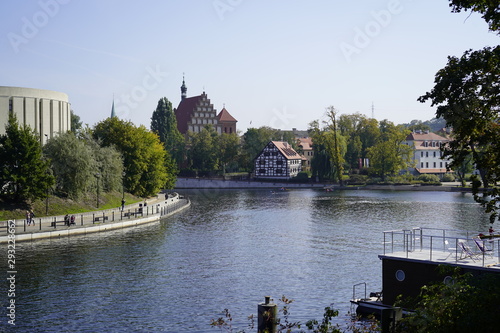Bydgoszcz, Poland - September 2019: View of the city water canal of the Brda River in the city center. City architecture.