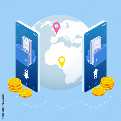 Isometric money transfer online. Money wallet and financial savings transfer or pay transaction concept.