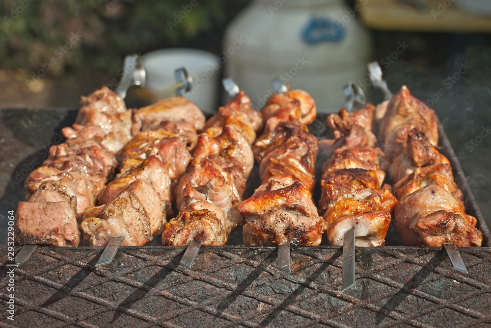 Slice pieces of meat on the grill. barbecue at the festival. Cheese and roasted veal on skewers.