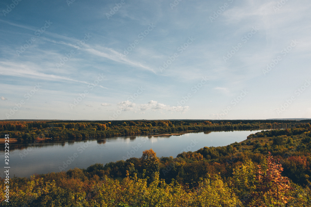 View of the river Vyatka in Kirov, Russia. Sunny autumn day. Beautiful landscape.