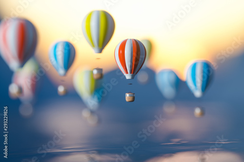 Hot air balloon flying over the ocean, 3d rendering. © Vink Fan