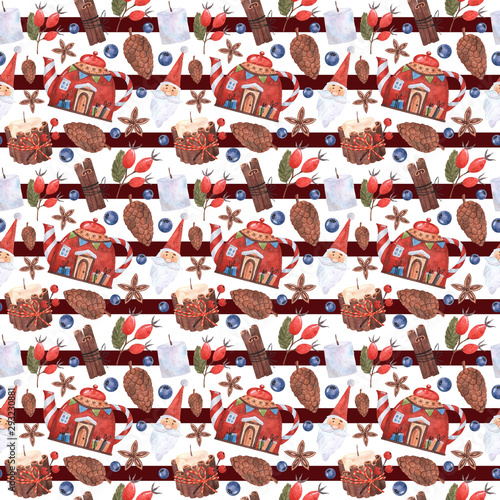 Cute cozy watercolor pattern for Christmas and New Year. Great for design of wrapping paper, cards, holiday design.