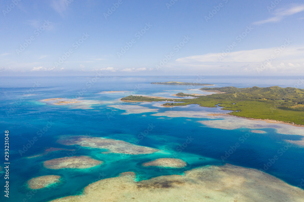 Bucas Grande Island, Philippines. Beautiful lagoons with atolls and islands, view from above. Seascape, nature of the Philippines.