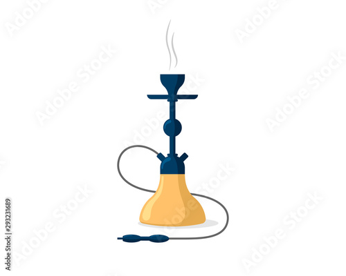 Smoking hookah emblem. Shisha banner. Nargile Hubbly Bubbly smoke pipe and relaxation. Lounge cafe bar and menu hooka flat illustration
