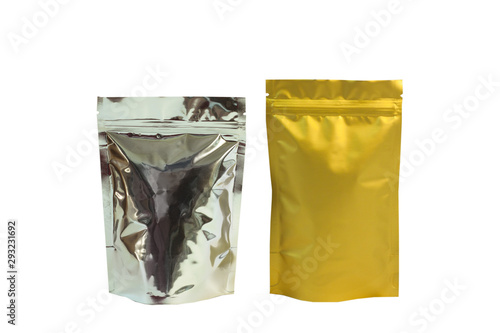 Blank foil pouch bag isolated on white background.