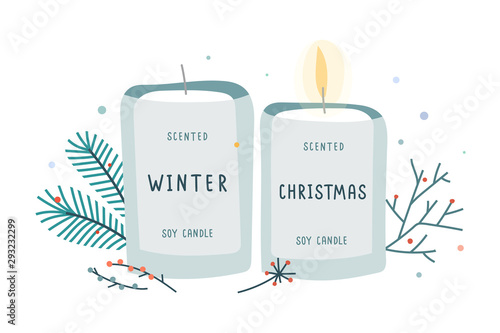 Soy candle in glass jar decorated with fir branches, soy wax scented with christmas and winter mood scent. Idea of hygge comfort and coziness. Hand drawn vector illustration.