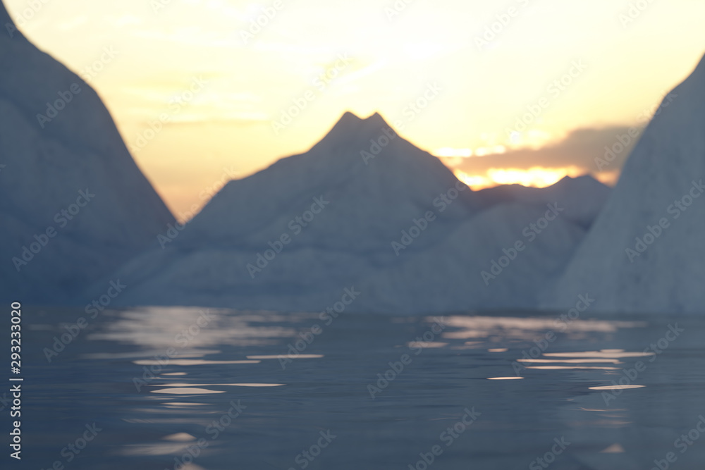 Ocean and sunshine coming from the side of iceberg, 3d rendering.