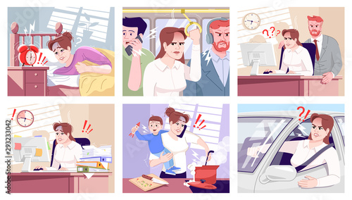 Everyday stress flat vector illustrations set. Tired office worker, boss screaming on employee. Yelling driver, multitasking mother with son, waking up in morning cartoon characters. Routine anxiety