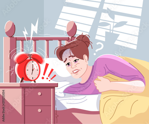 Morning stress flat vector illustration. Young woman late to work. Tired mother lying in bed and watching on ringing alarm clock cartoon character. Exhausted person hating get up early