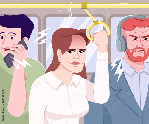People yelling in bus flat vector illustration. Passenger talking loud and listening to music in public transport, stressed woman having headache cartoon characters. Stressful morning commuting