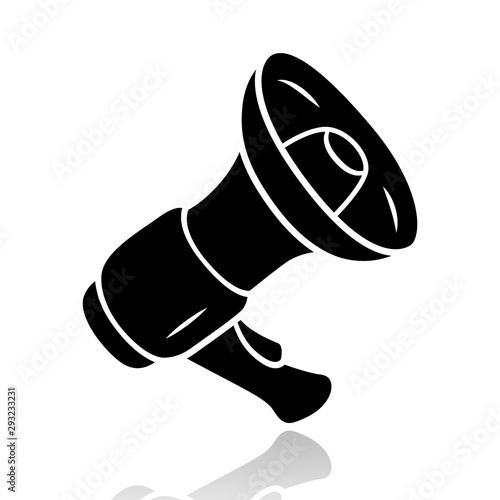 Mouthpiece drop shadow black glyph icon. Megaphone, loudspeaker. Breaking news, announcement symbol. Device for pronouncing loud warning and reporting important news. Isolated vector illustration