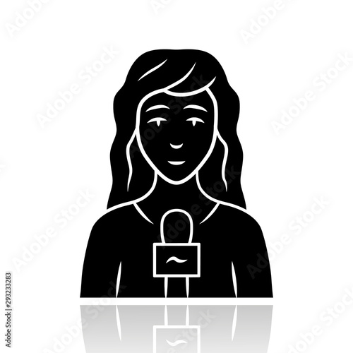 Reporter woman drop shadow black glyph icon. TV presenter, interviewer with microphone. TV hostess. Female journalist taking interview. Newswoman reporting breaking news. Isolated vector illustration