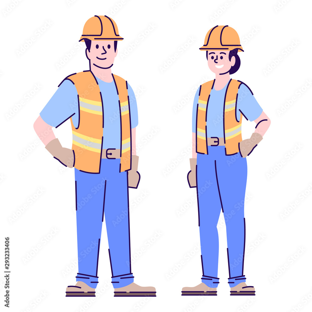 Builders couple flat vector characters. Construction workers, handyman cartoon illustration with outline. Woman and man contractors, engineers in uniform and protective helmet isolated on white Builders couple flat vector characters. Construction workers, handyman cartoon illustration with outline. Woman and man contractors, engineers in uniform and protective helmet isolated on white