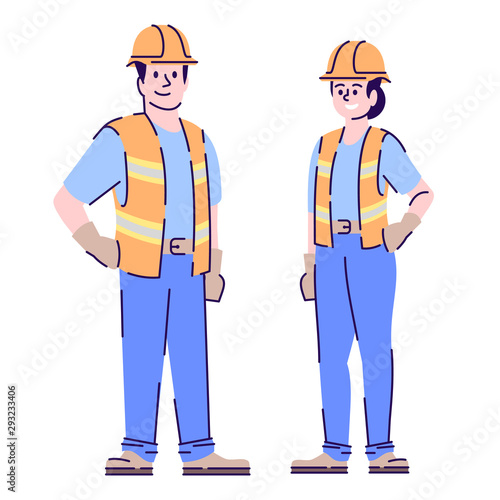 Builders couple flat vector characters. Construction workers, handyman cartoon illustration with outline. Woman and man contractors, engineers in uniform and protective helmet isolated on white