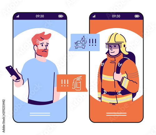 Emergency call smartphone cartoon app screen. Mobile phone displays with flat characters design mockup. Firefighter, rescuer urgency call via telephone application interface. Vector illustration