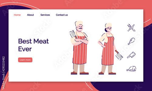 Fresh meat shop landing page vector template. Butchery website interface idea with flat illustrations. Butcher store homepage layout. Meat restaurant web banner, webpage cartoon concept