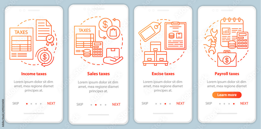 US Taxes types red onboarding mobile app page screen vector template. Income, excise, payroll taxation. Walkthrough website steps with linear illustrations. UX, UI, GUI smartphone interface concept
