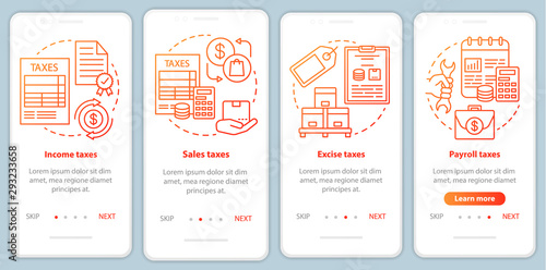 US Taxes types red onboarding mobile app page screen vector template. Income, excise, payroll taxation. Walkthrough website steps with linear illustrations. UX, UI, GUI smartphone interface concept