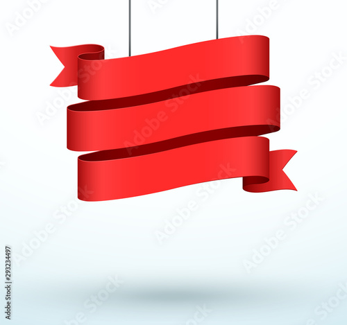 Hanging Title Ribbon 3 Line Red Realistic 3d Banner