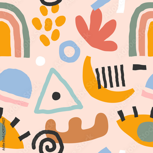 Flat hand drawn contemporary abstract elements made as seamless vector pattern. Abstraction doodles and shapes on colored background. Trendy paper cut style for textile print. Moon, foliage and flower