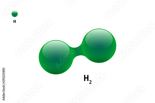 Chemistry model of molecule hydrogen H2 scientific element. Integrated particles natural inorganic 3d molecular structure compound. Two green volume spheres vector illustration isolated