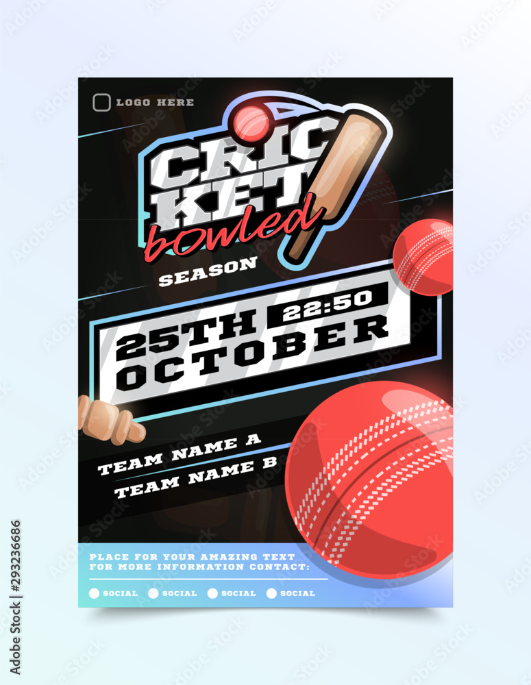 Fototapeta cricket Sport Flyer Vector. Vertical Card Poster Design For Sport Bar Promotion. Tournament Flyer. Invitation Illustration