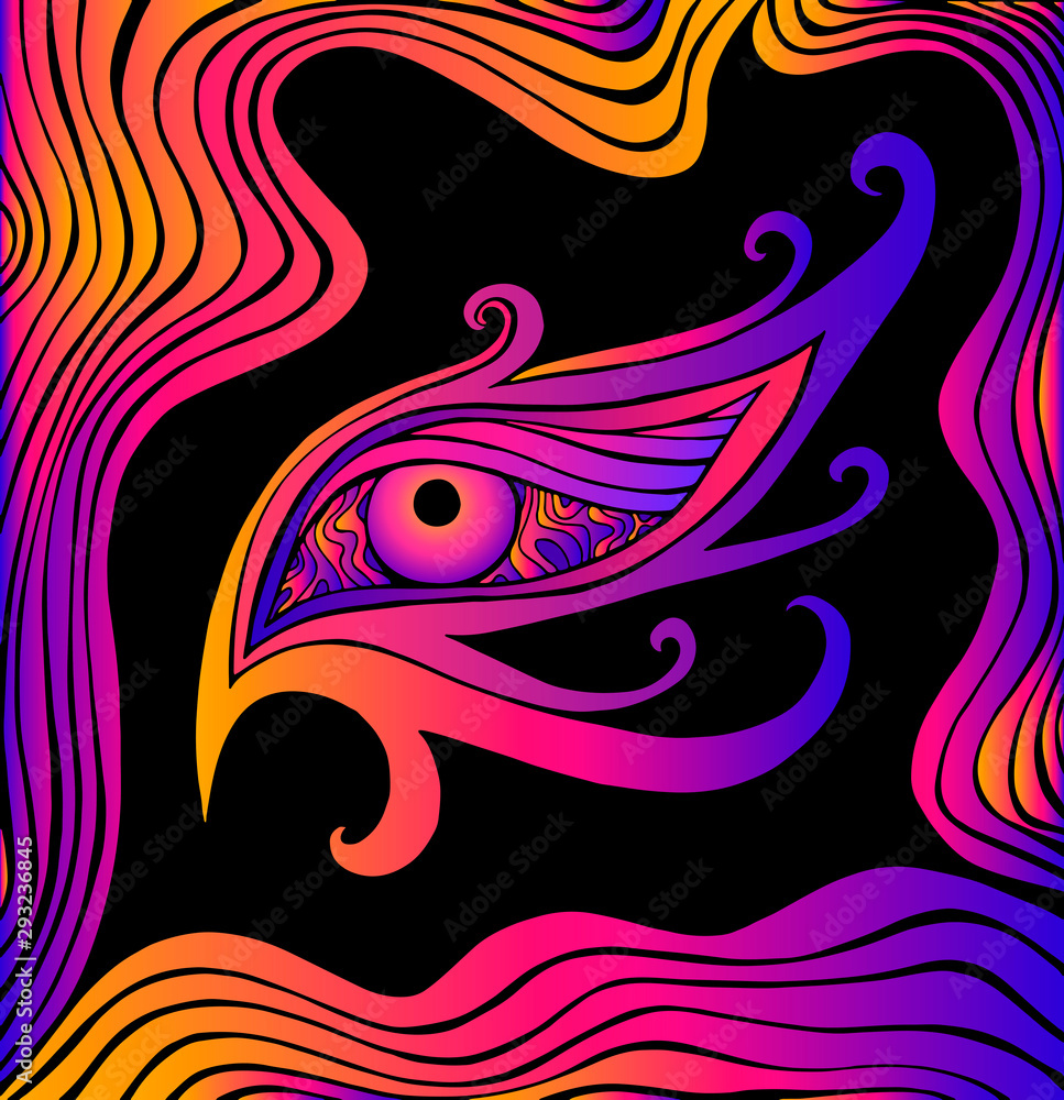 Fototapeta Psychedelic colorful eye and waves. Fantastic art with decorative eye. Surreal doodle pattern. Bright gradient color, abstract pattern. Vector hand drawn fantasy illustration.