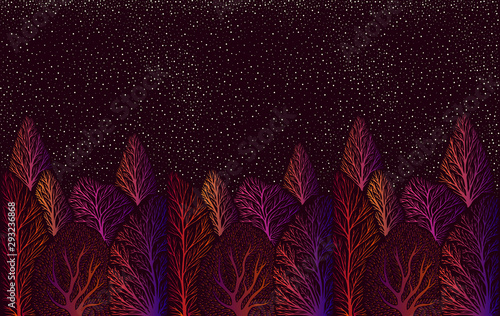 Psychedelic surreal colorful landscape with forest and night stars sky, trees bright orange pink purpule gradient color. Vector hand drawn fantasy illustration.