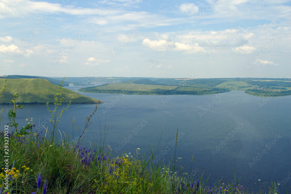 Bakota bay, Ukraine, scenic view to Dniester, lake blue water, sunny day 