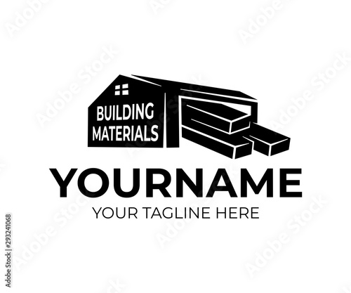 Building materials on storage or storehouse, logo design. Construction, sawmill and building materials store, vector design and illustration