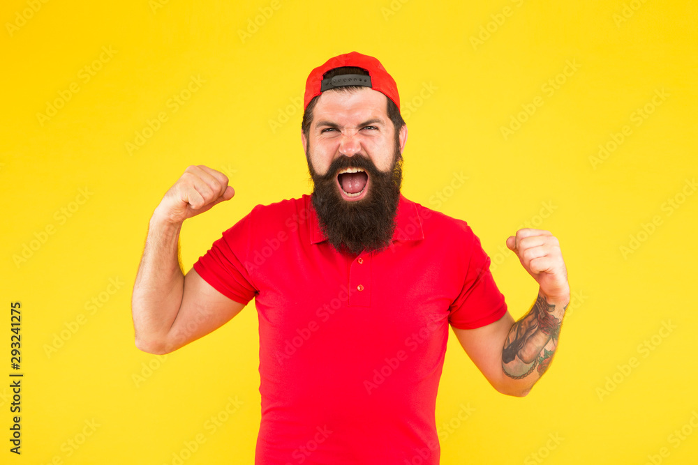 Fototapeta premium Positive emotions. Happy man on yellow background. Winner. Successful day. Man happy satisfied smiling expression. Man happy face. Happiness concept. Psychological health. Happy emotional guy