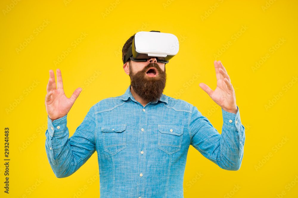 Cyber sport. Augmented reality. Enjoy game in 3D space. Game development. Digital technology. Living alternative life. Hipster play video game. Bearded man explore vr. Gamer concept. Gaming hobby